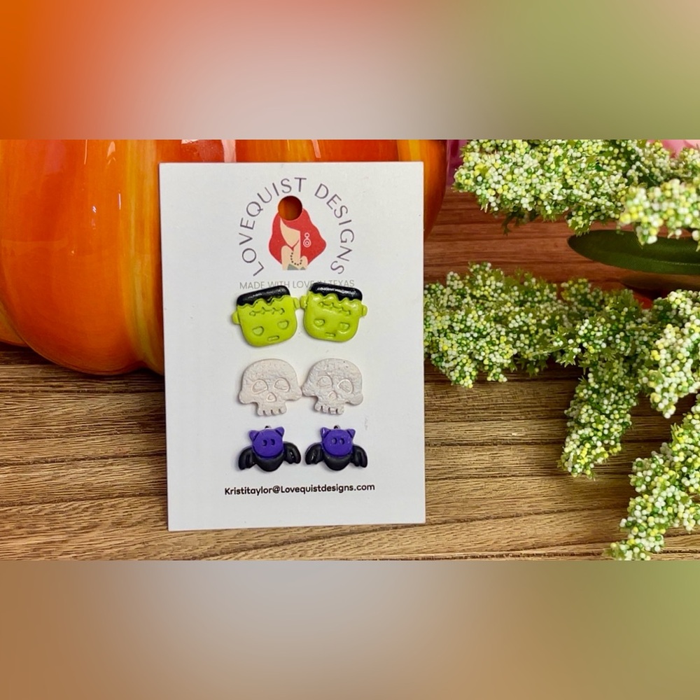 Artisan Crafted Halloween Skull Bat Monster Earring Stud Trio